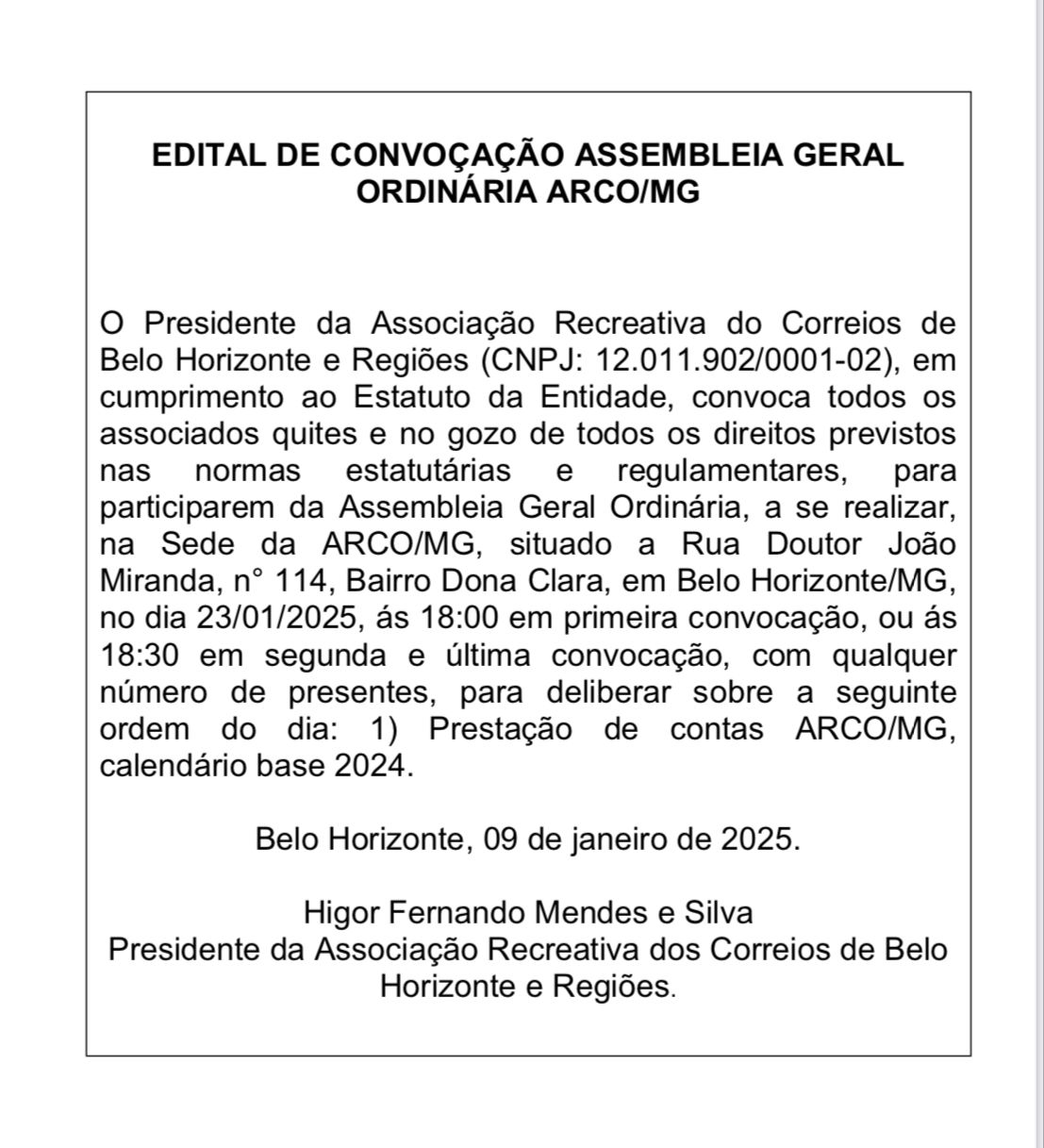 EDITAL DE CONVICA��O ASSEMBLEIA GERAL ORDIN�RIA ARCO/MG