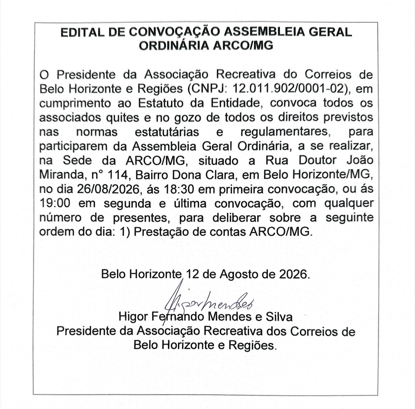 Edital Convoca��o Assembleia Geral Ordin�ria ARCO/MG