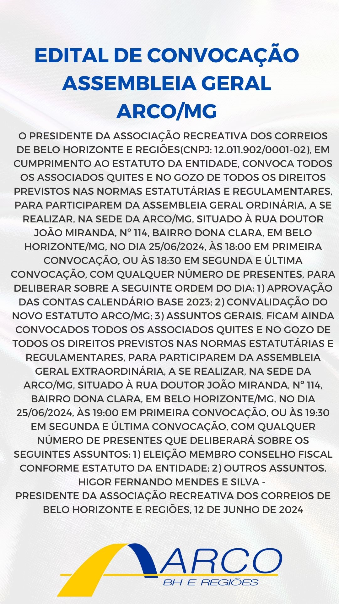 CONVOCAO ASSEMBLEIA GERAL ARCO/MG