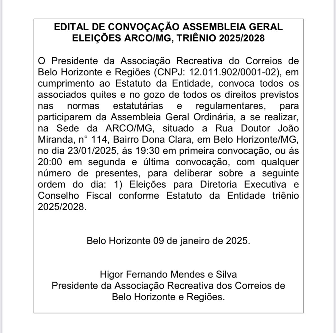 EDITAL DE CONVOCAO ASSEMBLEIA GERAL ELEIOES ARCO/MG - TRINIO 2025/2028